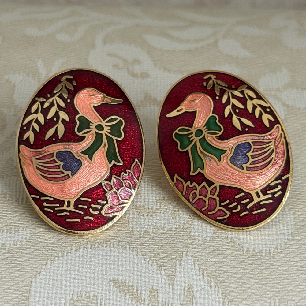Charming Duck with Green Bows Cloisonne Earrings